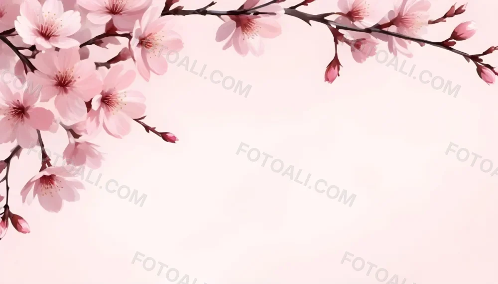 Digital Painting Cherry Blossom Branch With Pink Flowers Soft Pink Background Delicate Floral Arrangement Minimalist Design Elegant Spring Theme Pastel Colors Floral Border Botanical Illustration Romantic 23 Ffeb