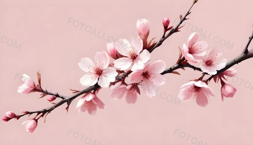 Digital Painting Cherry Blossom Branch With Pink Flowers Soft Pink Background Delicate Floral Arrangement Minimalist Design Elegant Spring Theme Pastel Colors Floral Border Botanical Illustration Romantic 24 11c9