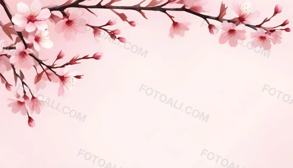 Digital Painting Cherry Blossom Branch With Pink Flowers Soft Pink Background Delicate Floral Arrangement Minimalist Design Elegant Spring Theme Pastel Colors Floral Border Botanical Illustration Romantic 31 Acc6