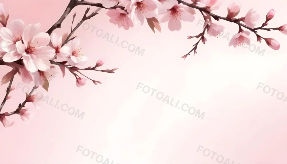 Digital Painting Cherry Blossom Branch With Pink Flowers Soft Pink Background Delicate Floral Arrangement Minimalist Design Elegant Spring Theme Pastel Colors Floral Border Botanical Illustration Romantic 36 B35f