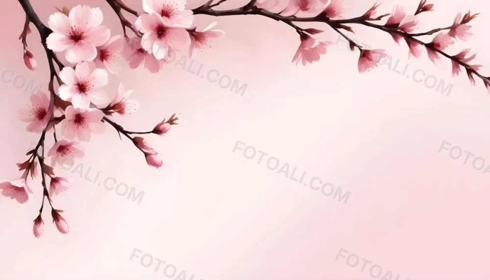 Digital Painting Cherry Blossom Branch With Pink Flowers Soft Pink Background Delicate Floral Arrangement Minimalist Design Elegant Spring Theme Pastel Colors Floral Border Botanical Illustration Romantic 37 5be0