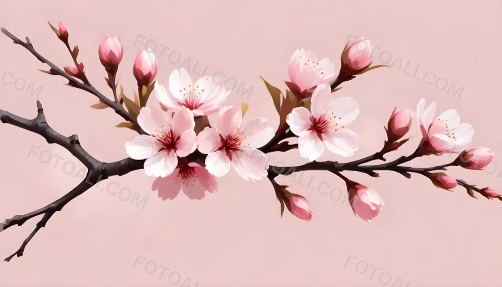 Digital Painting Cherry Blossom Branch With Pink Flowers Soft Pink Background Delicate Floral Arrangement Minimalist Design Elegant Spring Theme Pastel Colors Floral Border Botanical Illustration Romantic 4 A5bb