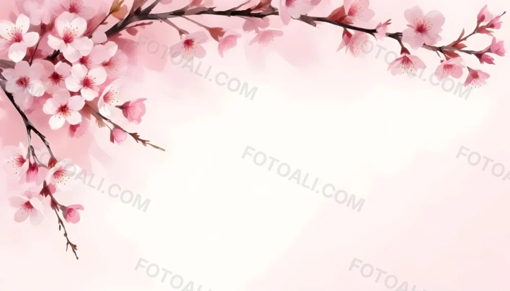 Digital Painting Cherry Blossom Branch With Pink Flowers Soft Pink Background Delicate Floral Arrangement Minimalist Design Elegant Spring Theme Pastel Colors Floral Border Botanical Illustration Romantic 5 5fab
