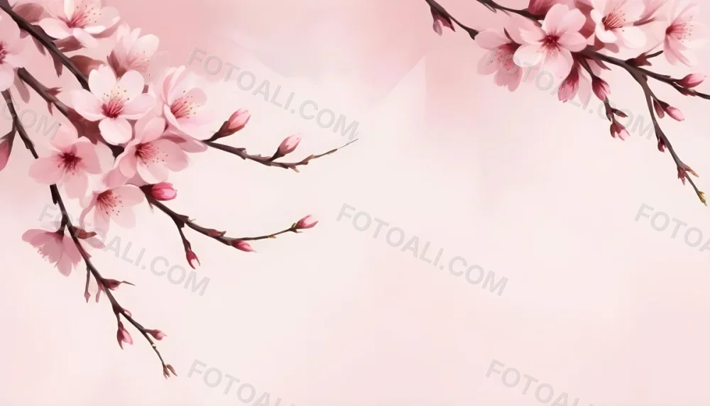 Digital Painting Cherry Blossom Branch With Pink Flowers Soft Pink Background Delicate Floral Arrangement Minimalist Design Elegant Spring Theme Pastel Colors Floral Border Botanical Illustration Romantic 8 609b