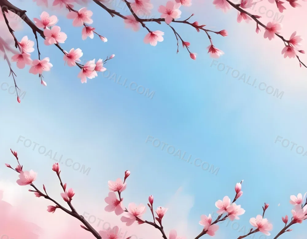 Digital Painting Cherry Blossom Branches With Pink Flowers And Falling Petals Pink Sky Background Soft Pastel Colors Minimalist Design Springtime Theme Delicate Floral Arrangement Elegant Composition Serene Atmos 44 Ab2e