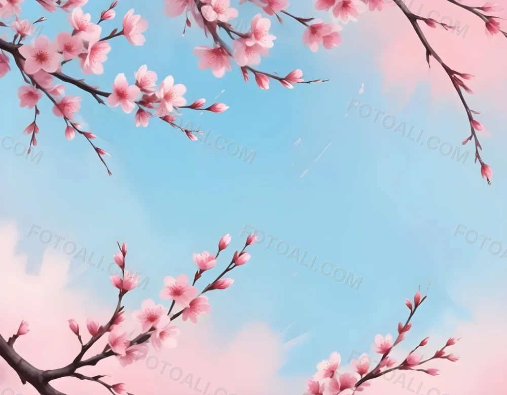 Digital Painting Cherry Blossom Branches With Pink Flowers And Falling Petals Pink Sky Background Soft Pastel Colors Minimalist Design Springtime Theme Delicate Floral Arrangement Elegant Composition Serene Atmos 46 1bb0