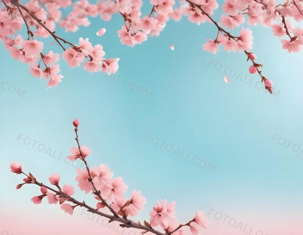 Digital Painting Cherry Blossom Branches With Pink Flowers And Falling Petals Pink Sky Background Soft Pastel Colors Minimalist Design Springtime Theme Delicate Floral Arrangement Elegant Composition Serene Atmos 58 5c3c