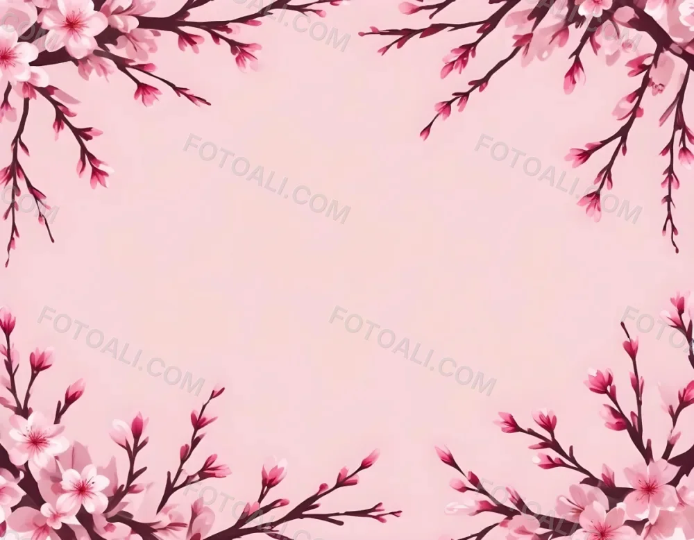 Digital Painting Cherry Blossom Branches With Pink Flowers Forming A Frame Light Pink Background Minimalist Design Flat Vector Illustration Floral Border Spring Theme Decorative Element Nature Inspired Design Bo 10 692a