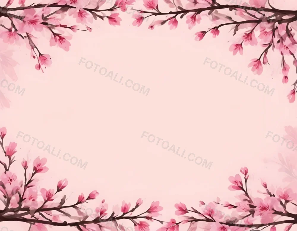 Digital Painting Cherry Blossom Branches With Pink Flowers Forming A Frame Light Pink Background Minimalist Design Flat Vector Illustration Floral Border Spring Theme Decorative Element Nature Inspired Design Bo 11 26f0