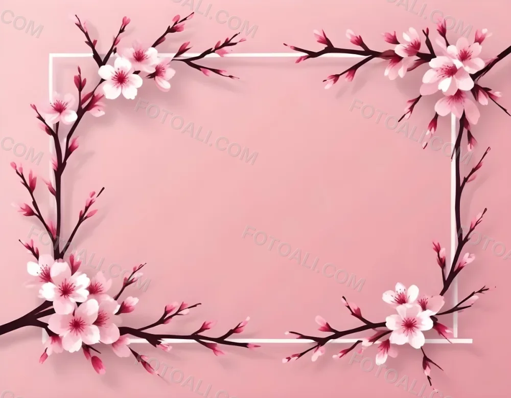 Digital Painting Cherry Blossom Branches With Pink Flowers Forming A Frame Light Pink Background Minimalist Design Flat Vector Illustration Floral Border Spring Theme Decorative Element Nature Inspired Design Bo 21 E670