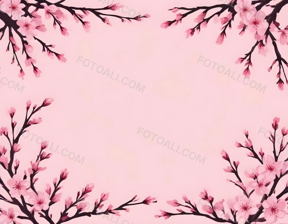 Digital Painting Cherry Blossom Branches With Pink Flowers Forming A Frame Light Pink Background Minimalist Design Flat Vector Illustration Floral Border Spring Theme Decorative Element Nature Inspired Design Bo 24 619d
