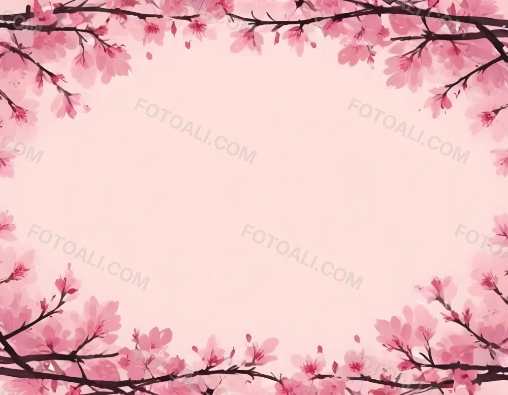 Digital Painting Cherry Blossom Branches With Pink Flowers Forming A Frame Light Pink Background Minimalist Design Flat Vector Illustration Floral Border Spring Theme Decorative Element Nature Inspired Design Bo 3 D647