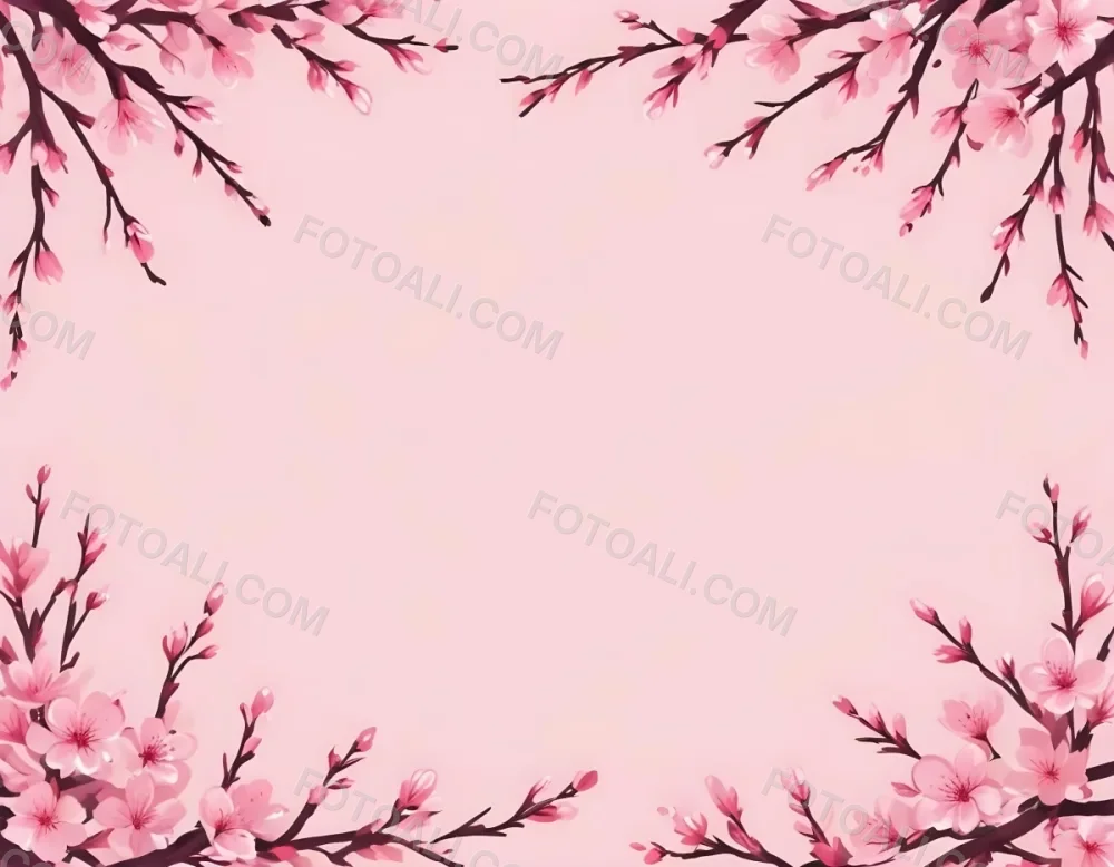 Digital Painting Cherry Blossom Branches With Pink Flowers Forming A Frame Light Pink Background Minimalist Design Flat Vector Illustration Floral Border Spring Theme Decorative Element Nature Inspired Design Bo 35 19ff
