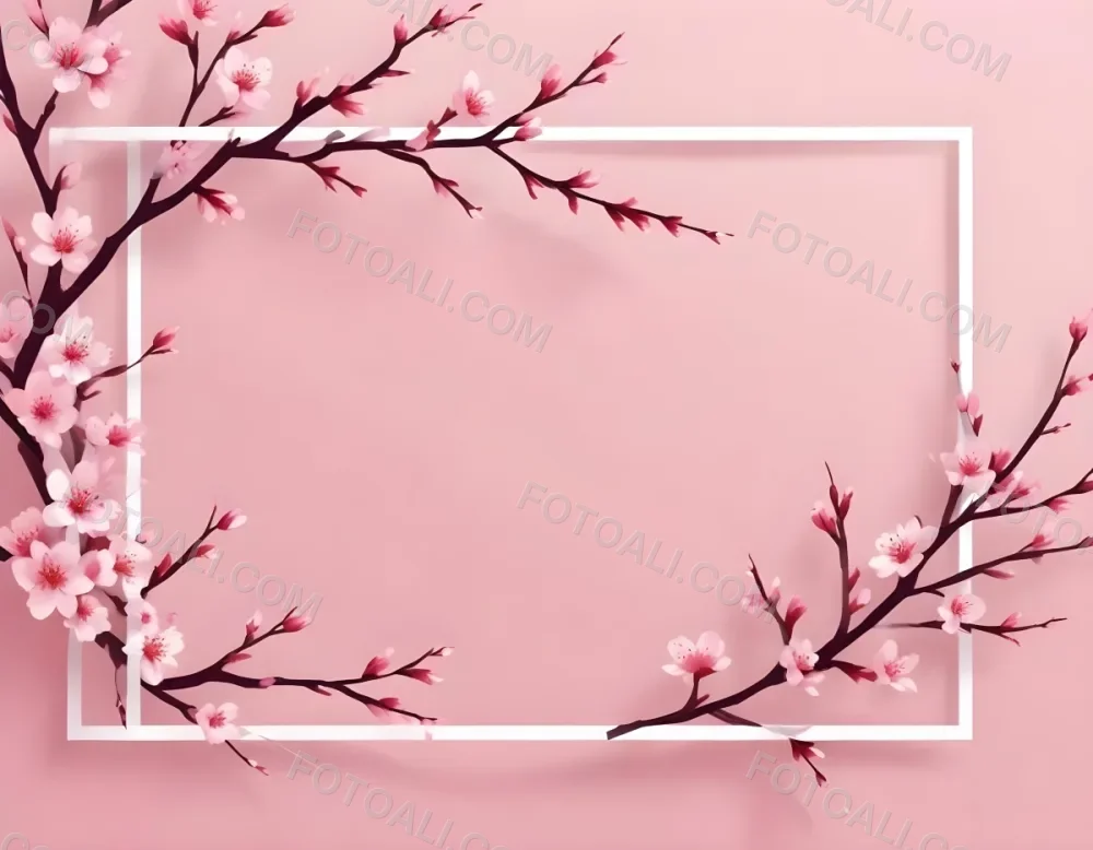 Digital Painting Cherry Blossom Branches With Pink Flowers Forming A Frame Light Pink Background Minimalist Design Flat Vector Illustration Floral Border Spring Theme Decorative Element Nature Inspired Design Bo 8 C50a