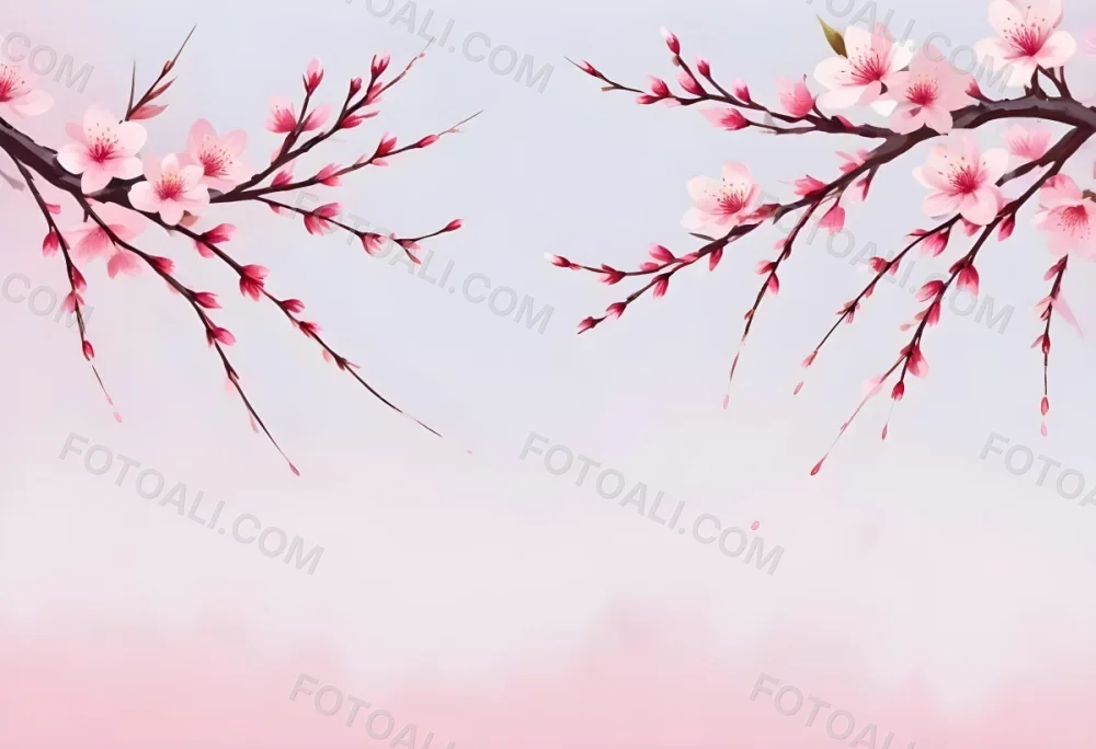 Digital Painting Cherry Blossom Branches With Pink Flowers On A Pink Background Some Petals Falling Soft And Delicate Spring Season Japanese Art Style Pastel Colors Bold And Slim Lines Brush Strokes 29 C681