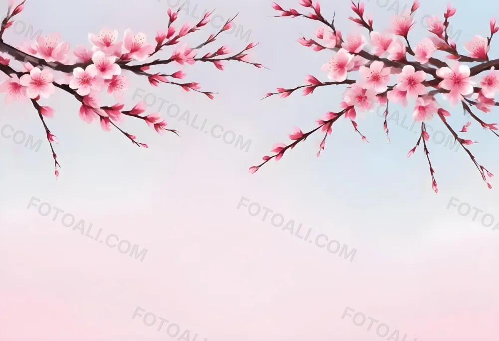 Digital Painting Cherry Blossom Branches With Pink Flowers On A Pink Background Some Petals Falling Soft And Delicate Spring Season Japanese Art Style Pastel Colors Bold And Slim Lines Brush Strokes 3 317e