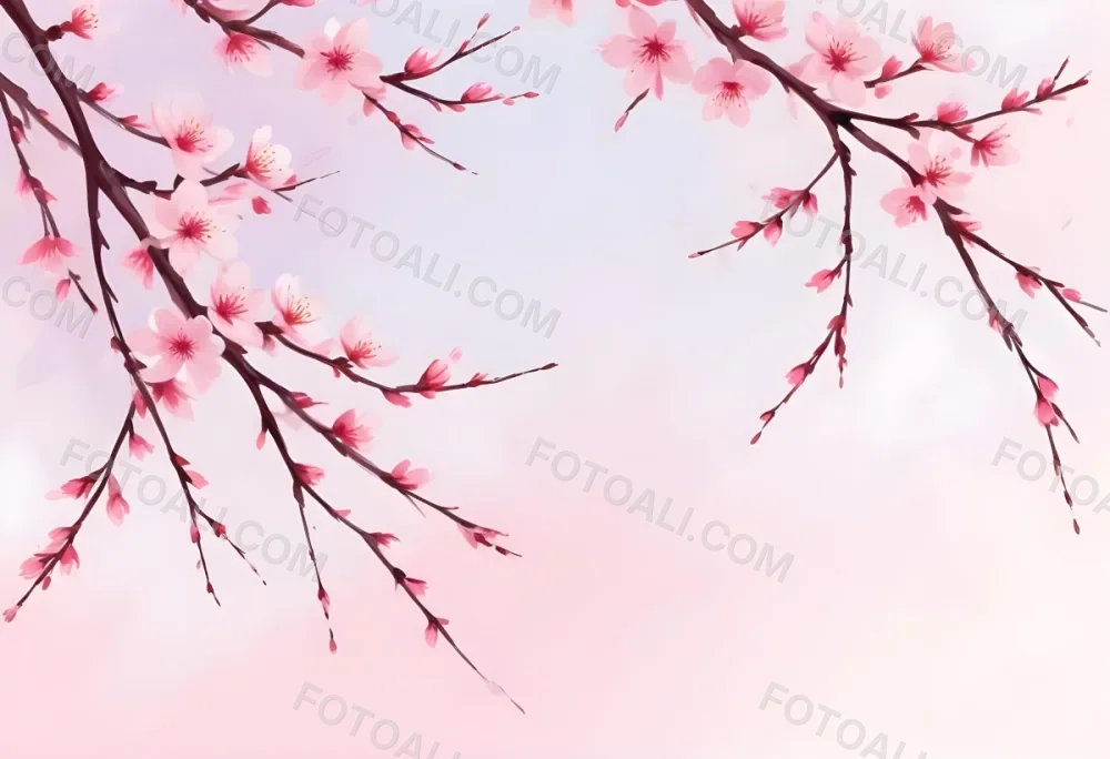 Digital Painting Cherry Blossom Branches With Pink Flowers On A Pink Background Some Petals Falling Soft And Delicate Spring Season Japanese Art Style Pastel Colors Bold And Slim Lines Brush Strokes 72 C4cb