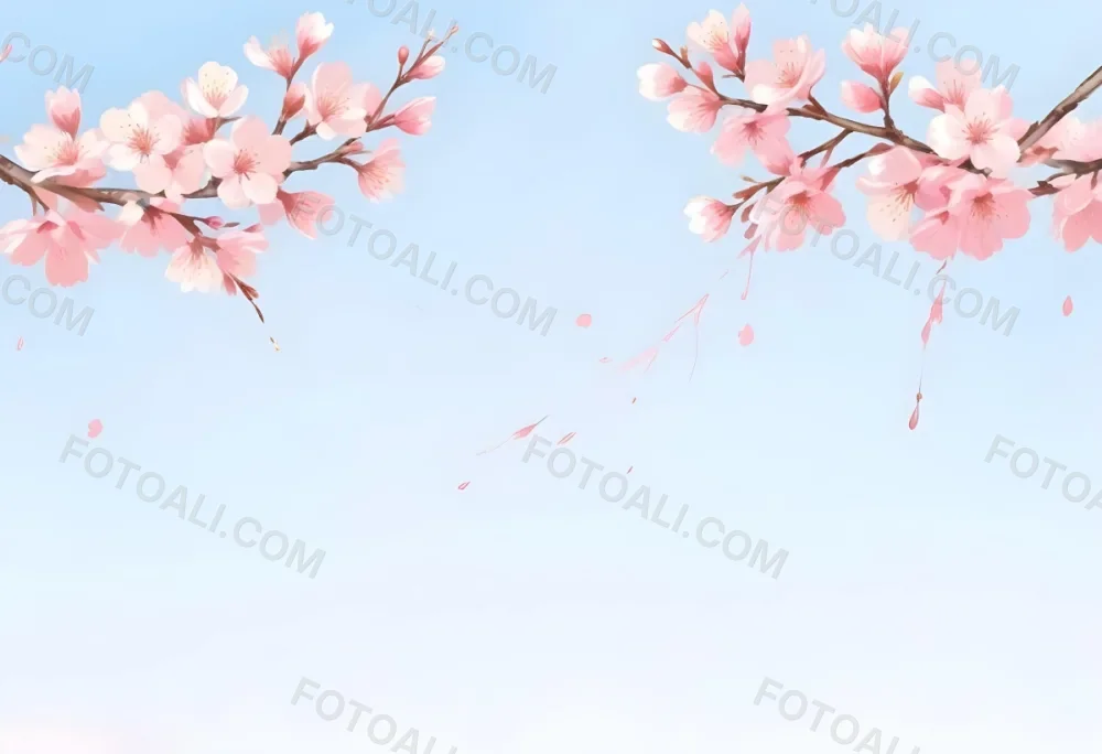 Digital Painting Cherry Blossom Branches With Pink Flowers On A Pink Background Some Petals Falling Soft And Delicate Spring Season Japanese Art Style Pastel Colors Bold And Slim Lines Brush Strokes 9 A551