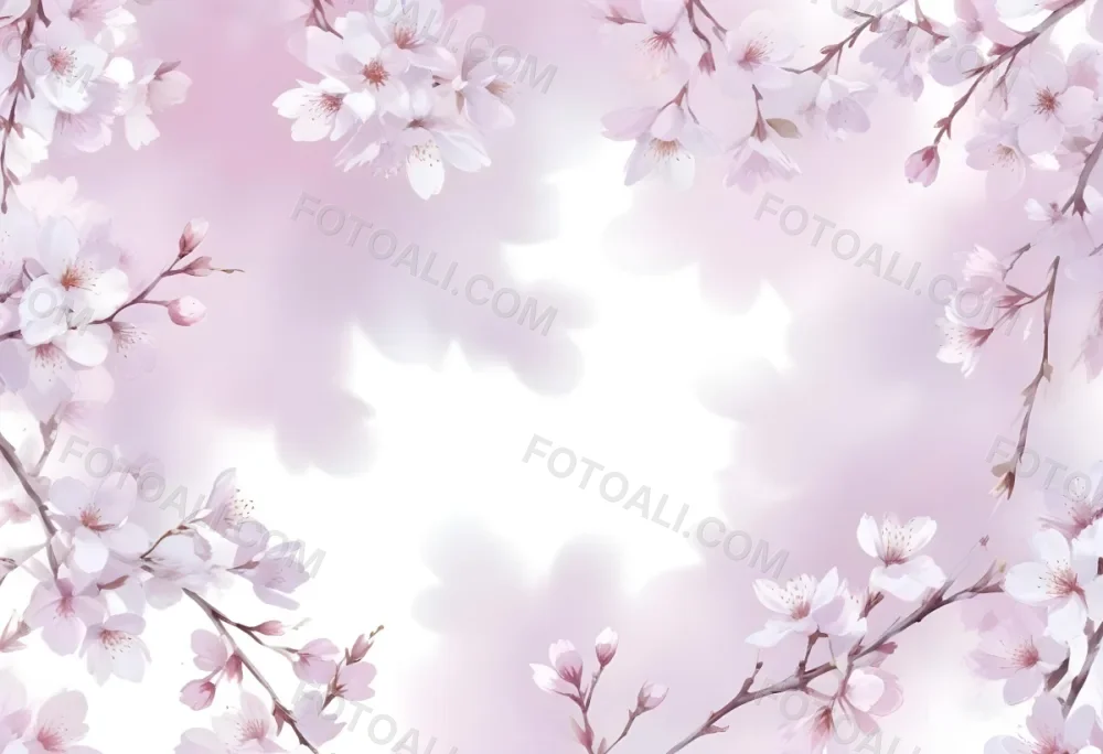 Digital Painting Cherry Blossom Branches With White Flowers Framing A Pastel Background Soft Focus Delicate Petals Spring Theme Floral Arrangement Pastel Colors Elegant Design Botanical Illustration Bold And Slim 1 5e52