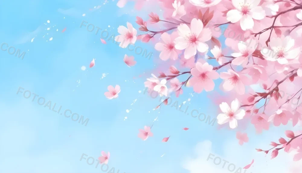 Digital Painting Cherry Blossom Tree With White Flowers And Petals Falling Set Against A Pink Sky With Soft White Clouds Creating A Dreamy And Spring Like Atmosphere Bold And Slim Lines Brush Strokes 11 07c7