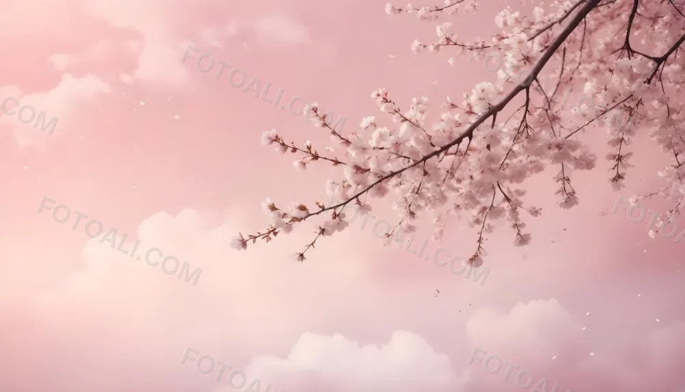 Digital Painting Cherry Blossom Tree With White Flowers And Petals Falling Set Against A Pink Sky With Soft White Clouds Creating A Dreamy And Spring Like Atmosphere Bold And Slim Lines Brush Strokes 15 1c4c