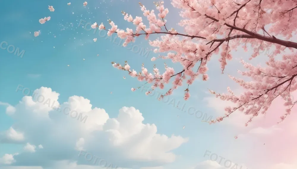Digital Painting Cherry Blossom Tree With White Flowers And Petals Falling Set Against A Pink Sky With Soft White Clouds Creating A Dreamy And Spring Like Atmosphere Bold And Slim Lines Brush Strokes 20 6880
