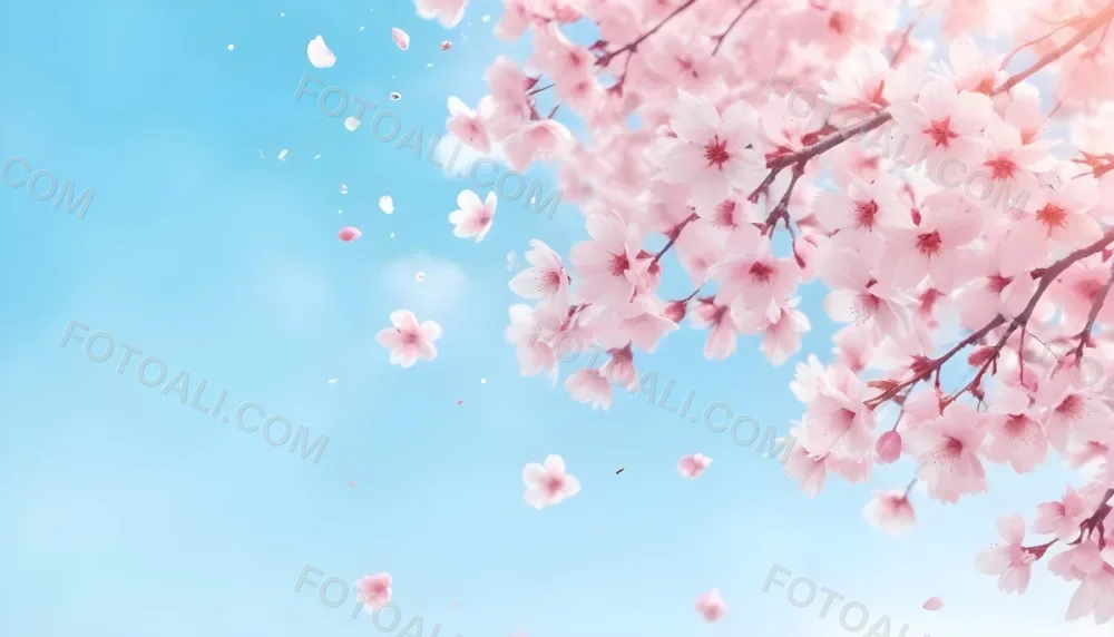 Digital Painting Cherry Blossom Tree With White Flowers And Petals Falling Set Against A Pink Sky With Soft White Clouds Creating A Dreamy And Spring Like Atmosphere Bold And Slim Lines Brush Strokes 24 E38b