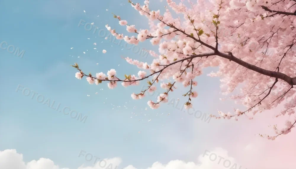 Digital Painting Cherry Blossom Tree With White Flowers And Petals Falling Set Against A Pink Sky With Soft White Clouds Creating A Dreamy And Spring Like Atmosphere Bold And Slim Lines Brush Strokes 33 7e09