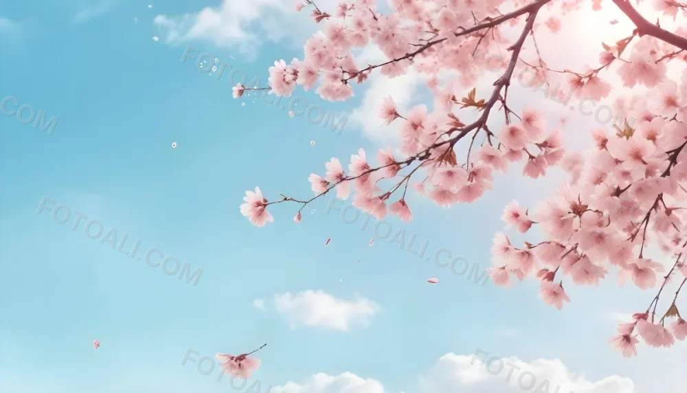Digital Painting Cherry Blossom Tree With White Flowers And Petals Falling Set Against A Pink Sky With Soft White Clouds Creating A Dreamy And Spring Like Atmosphere Bold And Slim Lines Brush Strokes 36 C50d