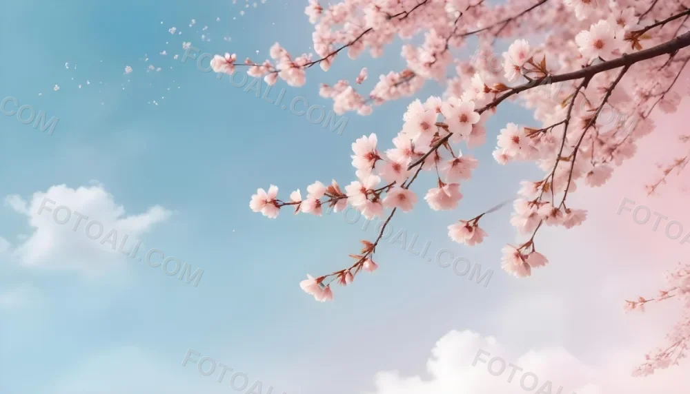 Digital Painting Cherry Blossom Tree With White Flowers And Petals Falling Set Against A Pink Sky With Soft White Clouds Creating A Dreamy And Spring Like Atmosphere Bold And Slim Lines Brush Strokes 37 Ee2d