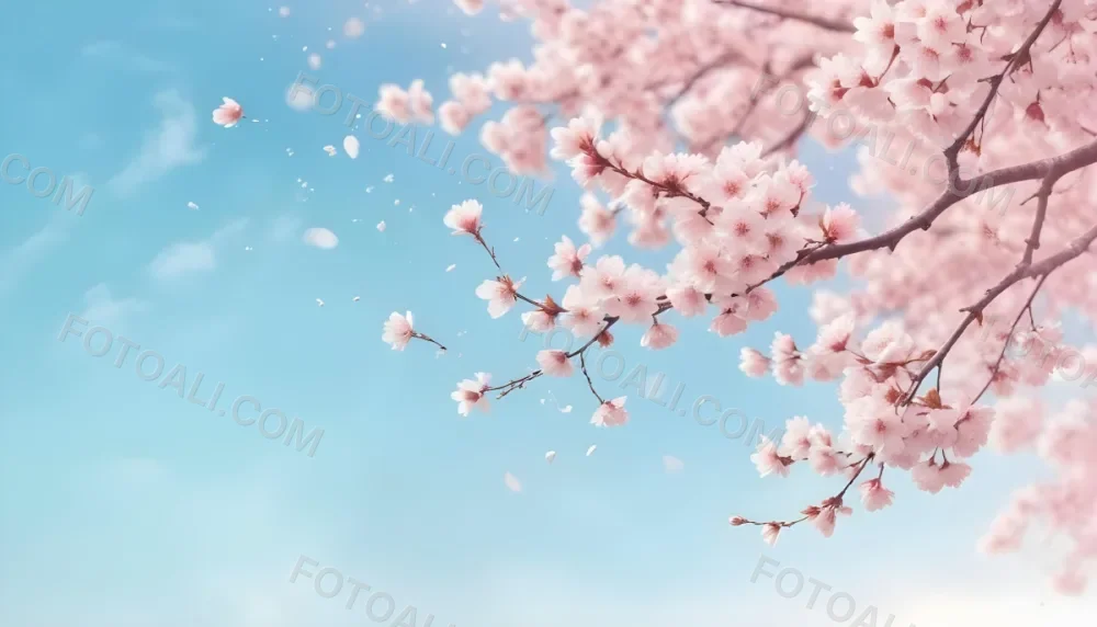 Digital Painting Cherry Blossom Tree With White Flowers And Petals Falling Set Against A Pink Sky With Soft White Clouds Creating A Dreamy And Spring Like Atmosphere Bold And Slim Lines Brush Strokes 38 0c46
