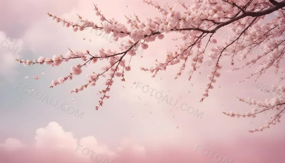 Digital Painting Cherry Blossom Tree With White Flowers And Petals Falling Set Against A Pink Sky With Soft White Clouds Creating A Dreamy And Spring Like Atmosphere Bold And Slim Lines Brush Strokes 40 F9a4