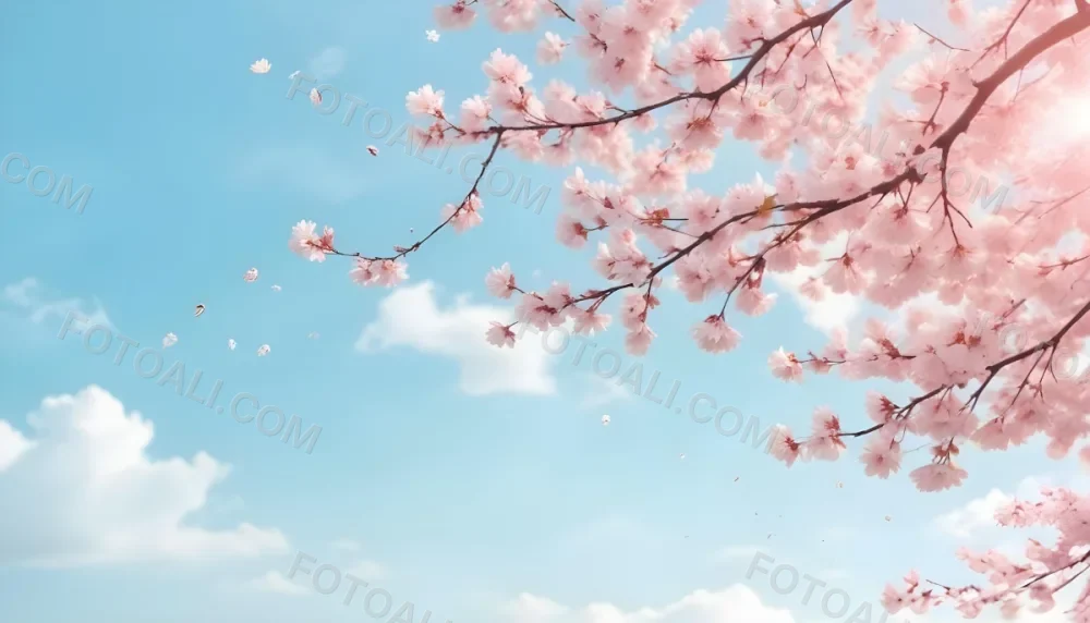 Digital Painting Cherry Blossom Tree With White Flowers And Petals Falling Set Against A Pink Sky With Soft White Clouds Creating A Dreamy And Spring Like Atmosphere Bold And Slim Lines Brush Strokes 41 4aa0