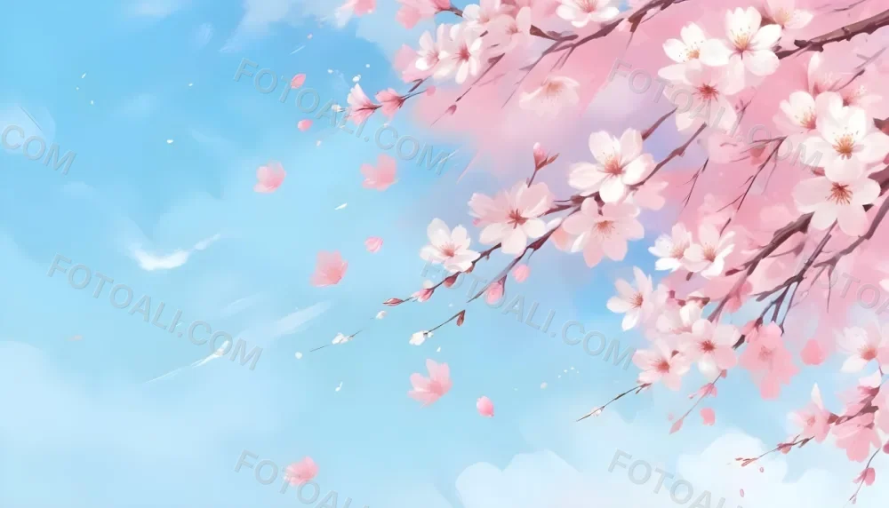 Digital Painting Cherry Blossom Tree With White Flowers And Petals Falling Set Against A Pink Sky With Soft White Clouds Creating A Dreamy And Spring Like Atmosphere Bold And Slim Lines Brush Strokes 5 5244