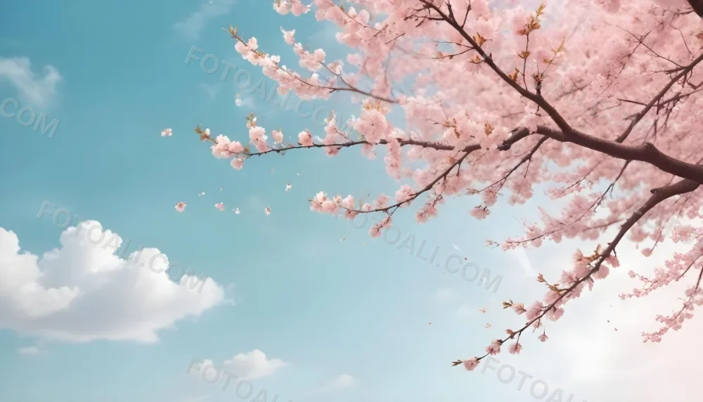 Digital Painting Cherry Blossom Tree With White Flowers And Petals Falling Set Against A Pink Sky With Soft White Clouds Creating A Dreamy And Spring Like Atmosphere Bold And Slim Lines Brush Strokes 6 9cb5