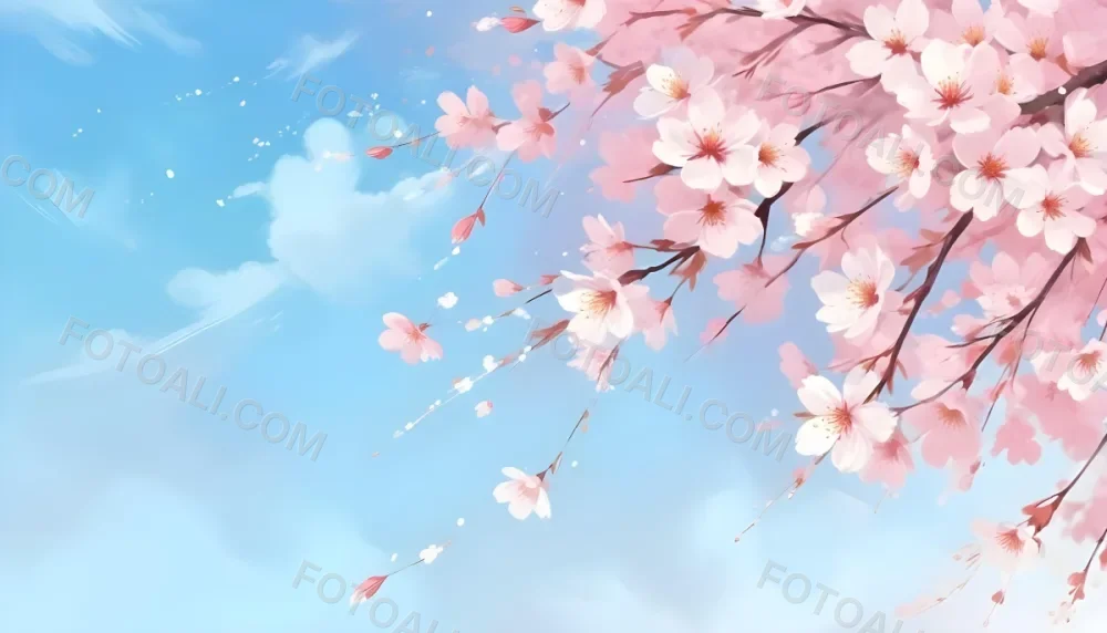 Digital Painting Cherry Blossom Tree With White Flowers And Petals Falling Set Against A Pink Sky With Soft White Clouds Creating A Dreamy And Spring Like Atmosphere Bold And Slim Lines Brush Strokes 8 E885