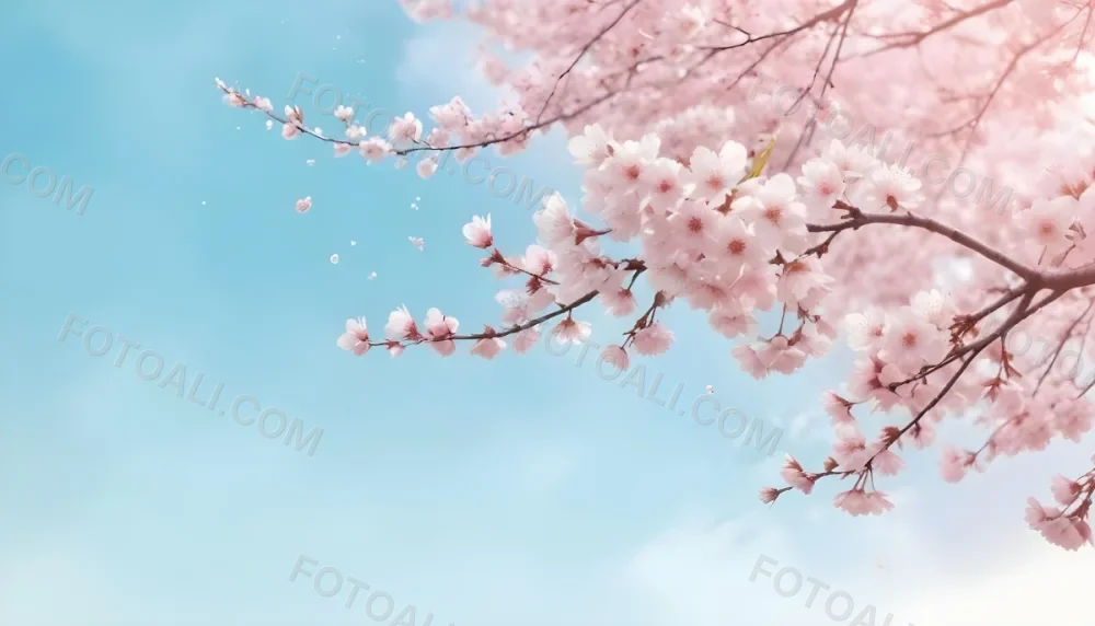 Digital Painting Cherry Blossom Tree With White Flowers And Petals Falling Set Against A Pink Sky With Soft White Clouds Creating A Dreamy And Spring Like Atmosphere Bold And Slim Lines Brush Strokes 9 2564