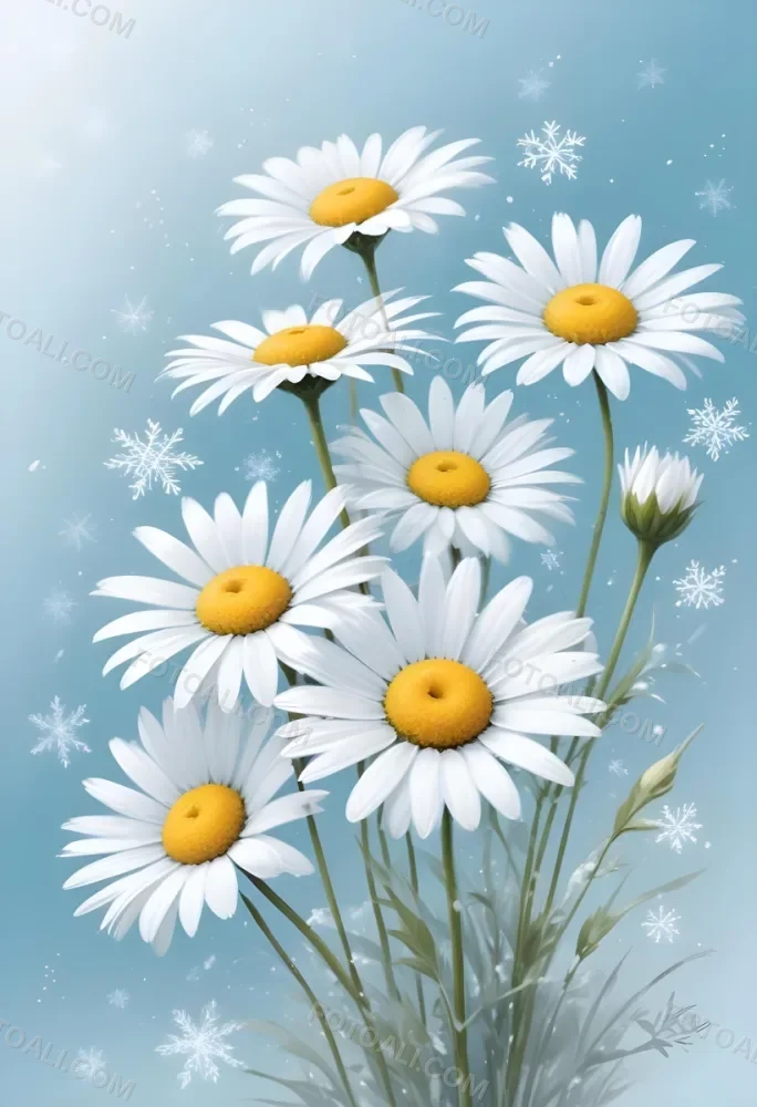 Digital Painting Daisies In The Lower Right Corner Light Blue Background With White Snowflakes White Space On The Left Pastel Colors Soft Lighting Gentle And Calming Atmosphere Bold And Slim Lines Brush Strokes 1 3538