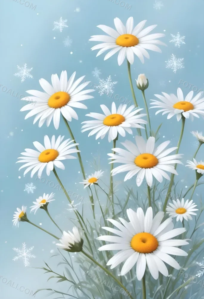 Digital Painting Daisies In The Lower Right Corner Light Blue Background With White Snowflakes White Space On The Left Pastel Colors Soft Lighting Gentle And Calming Atmosphere Bold And Slim Lines Brush Strokes 1 5b23
