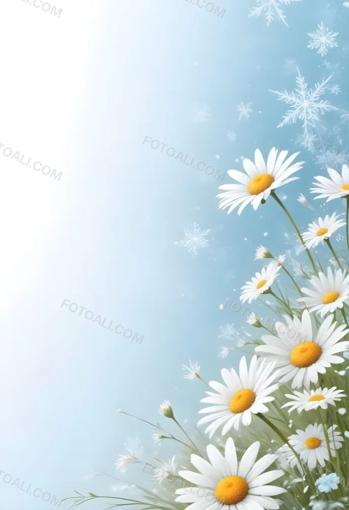 Digital Painting Daisies In The Lower Right Corner Light Blue Background With White Snowflakes White Space On The Left Pastel Colors Soft Lighting Gentle And Calming Atmosphere Bold And Slim Lines Brush Strokes 10 5743