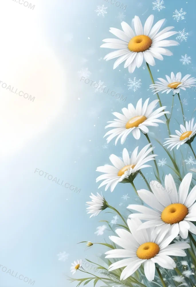 Digital Painting Daisies In The Lower Right Corner Light Blue Background With White Snowflakes White Space On The Left Pastel Colors Soft Lighting Gentle And Calming Atmosphere Bold And Slim Lines Brush Strokes 14 6514