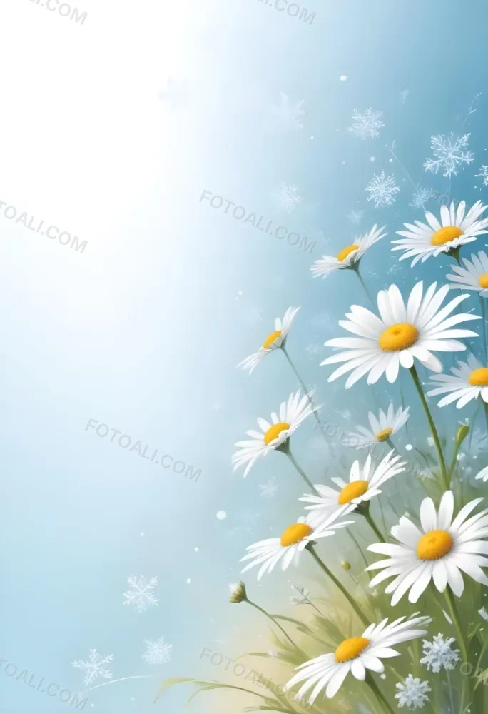 Digital Painting Daisies In The Lower Right Corner Light Blue Background With White Snowflakes White Space On The Left Pastel Colors Soft Lighting Gentle And Calming Atmosphere Bold And Slim Lines Brush Strokes 17 466f