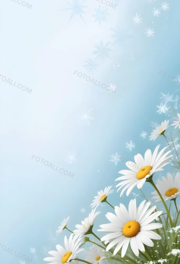 Digital Painting Daisies In The Lower Right Corner Light Blue Background With White Snowflakes White Space On The Left Pastel Colors Soft Lighting Gentle And Calming Atmosphere Bold And Slim Lines Brush Strokes 18 8f64