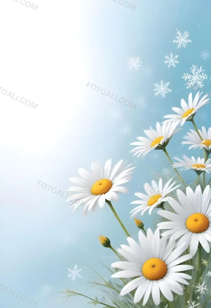 Digital Painting Daisies In The Lower Right Corner Light Blue Background With White Snowflakes White Space On The Left Pastel Colors Soft Lighting Gentle And Calming Atmosphere Bold And Slim Lines Brush Strokes 21 F0c7