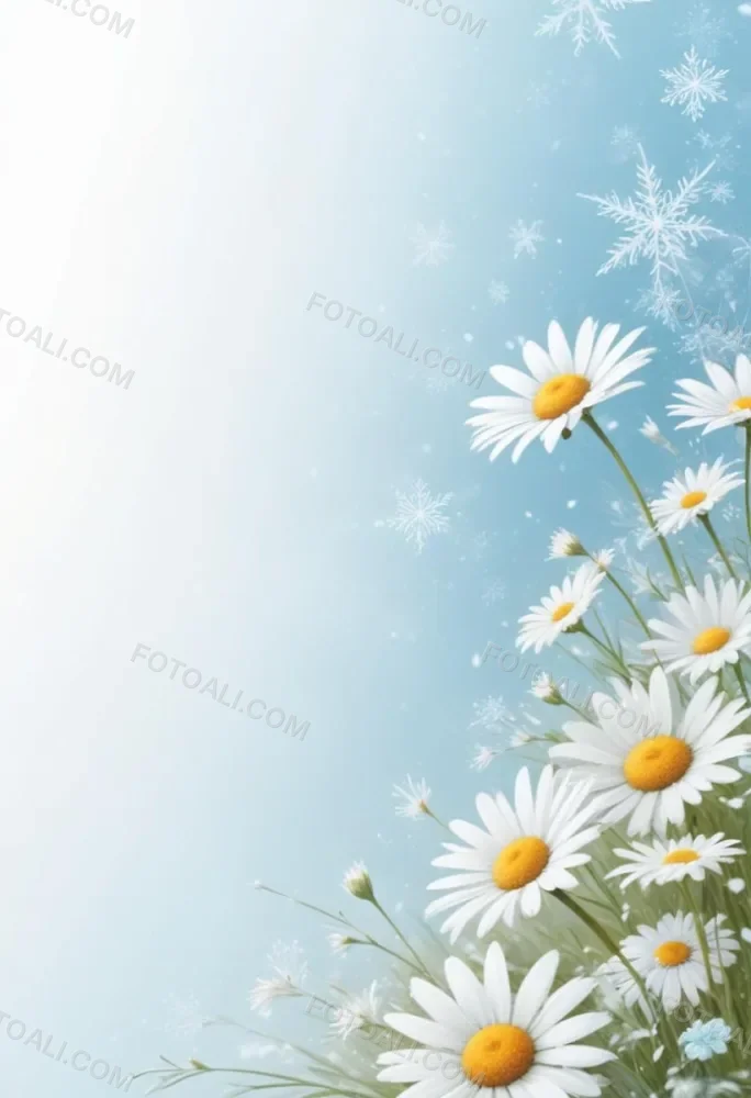 Digital Painting Daisies In The Lower Right Corner Light Blue Background With White Snowflakes White Space On The Left Pastel Colors Soft Lighting Gentle And Calming Atmosphere Bold And Slim Lines Brush Strokes 22 Eb32
