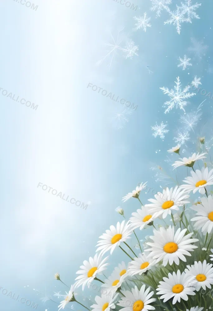 Digital Painting Daisies In The Lower Right Corner Light Blue Background With White Snowflakes White Space On The Left Pastel Colors Soft Lighting Gentle And Calming Atmosphere Bold And Slim Lines Brush Strokes 23 3c90