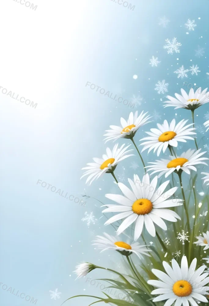 Digital Painting Daisies In The Lower Right Corner Light Blue Background With White Snowflakes White Space On The Left Pastel Colors Soft Lighting Gentle And Calming Atmosphere Bold And Slim Lines Brush Strokes 3 0434
