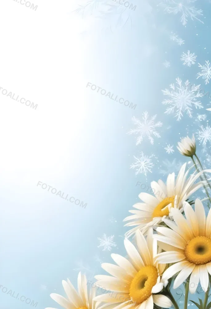 Digital Painting Daisies In The Lower Right Corner Light Blue Background With White Snowflakes White Space On The Left Pastel Colors Soft Lighting Gentle And Calming Atmosphere Bold And Slim Lines Brush Strokes 5 Bf85