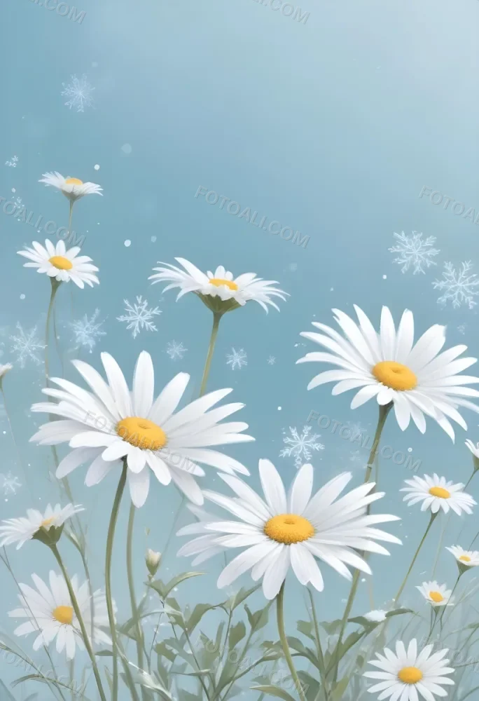 Digital Painting Daisies In The Lower Right Corner Light Blue Background With White Snowflakes White Space On The Left Pastel Colors Soft Lighting Gentle And Calming Atmosphere Bold And Slim Lines Brush Strokes 6 50c1