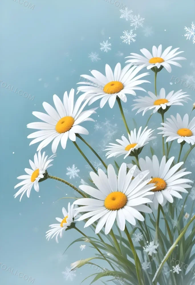 Digital Painting Daisies In The Lower Right Corner Light Blue Background With White Snowflakes White Space On The Left Pastel Colors Soft Lighting Gentle And Calming Atmosphere Bold And Slim Lines Brush Strokes 7 Db60
